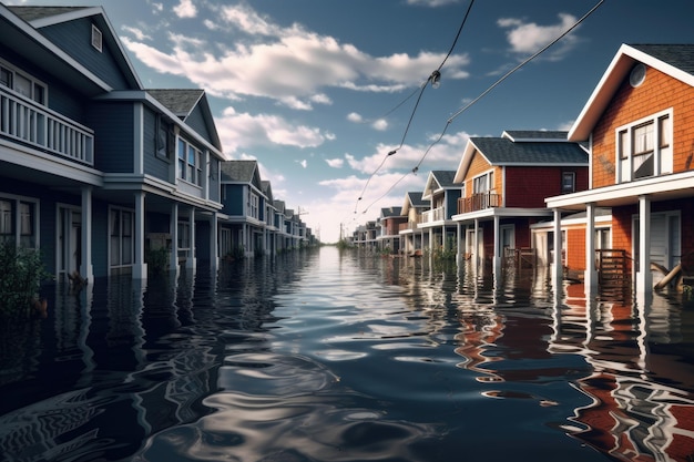 Häuser am Ufer in einer Reihe am Wasser während einer Überschwemmung 3D-Rendering überfluteter Häuser KI generiert