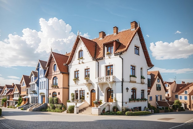 Häuser im europäischen Stil auf weißem Himmel