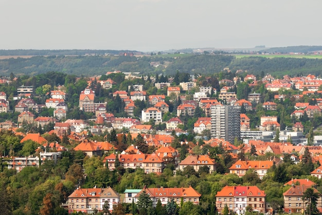 Häuser mit roten Ziegeldächern und grünen Bäumen in einer wunderschönen Altstadt