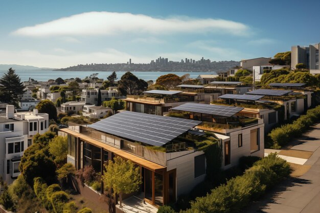 Foto häuser mit solarpanelen überblicken eine funkelnde skyline der stadt