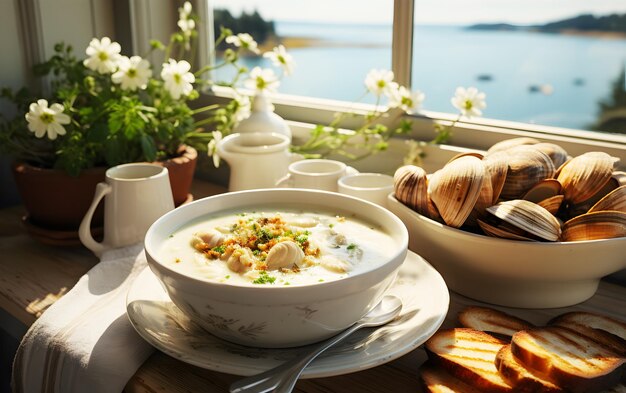 Häuslich hergestellte cremige Muschelsuppe voller flauschiger Muscheln, herzhafte Kartoffeln und aromatische Kräutersuppe