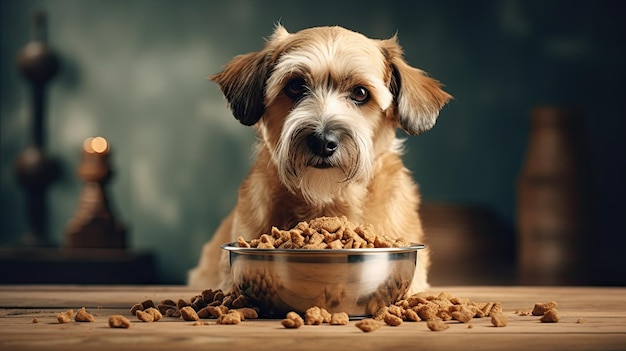 Häusliches Leben mit Haustier Füttern eines hungrigen Hundes Der Besitzer gibt seinem Hund eine Schüssel mit Granulat