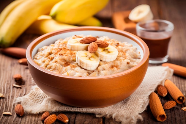 Haferbrei mit Mandeln und Banane in einer Schüssel auf einem Holztisch