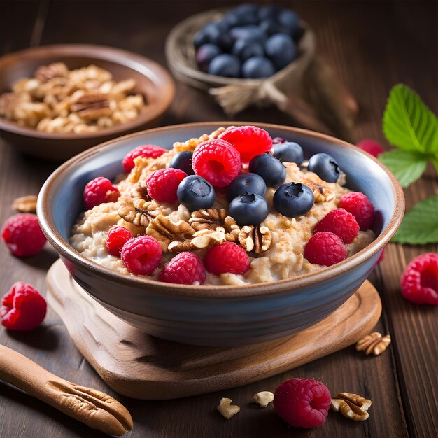 Haferflocken mit Beeren und Nüssen in einer Schüssel auf Holzgrund AI Generative