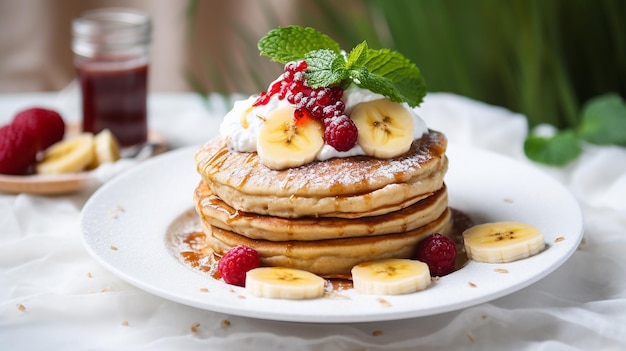 Haferpfannkuchen mit Bananen-Hüttenkäse und Marmelade