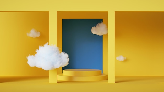 Haga un fondo abstracto en 3D con nubes levitantes dentro de la habitación amarilla con ventana azul