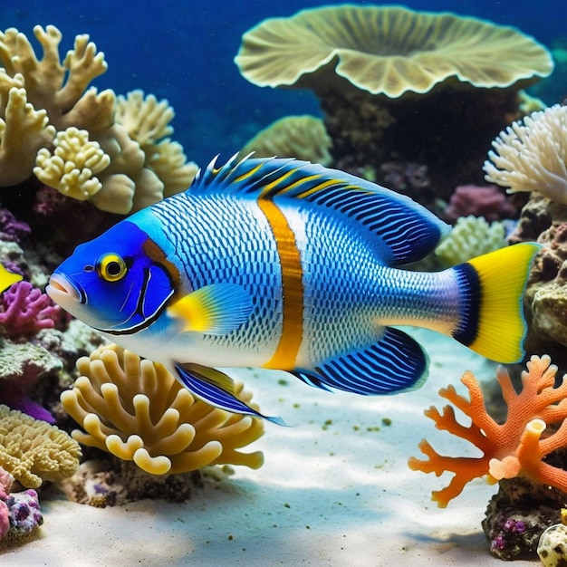 Haga una foto realista de peces coloridos nadando con gracia en el tranquilo jardín submarino
