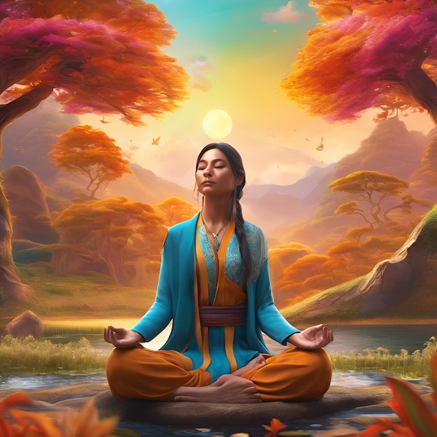 Haga una ilustración serena de una mujer meditando en la naturaleza rodeada de colores vibrantes y texto