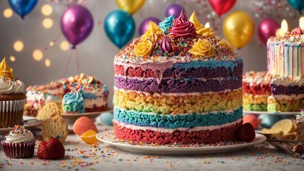 Haga una imagen que capture la alegría y la celebración asociadas con los pasteles arco iris