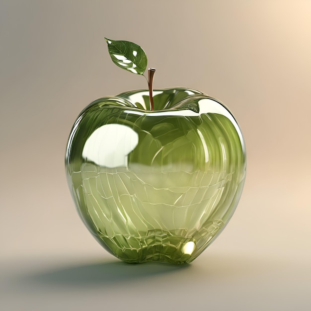 Haga una manzana de vidrio hiperrealista con detalles intrincados y reflejos que insinúan un departamento oculto