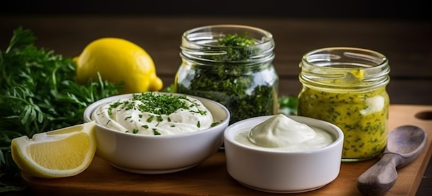 Foto haga sus propios aderezos para ensaladas combinando yogur con hierbas aceite de oliva y un toque de jugo de limón es una alternativa más saludable a los aderezos comprados en la tienda