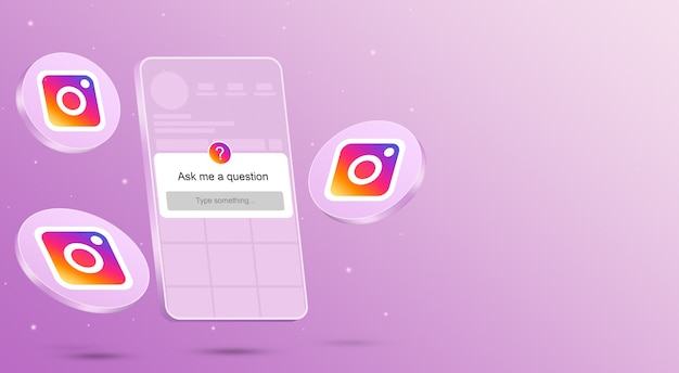 Hágame un formulario de pregunta en la pantalla del teléfono con la interfaz de Instagram y los iconos alrededor del render 3d