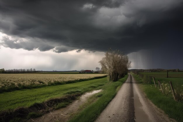 Foto hagelsturm mit blick auf landwirtschaftliche felder und gewitterwolken im hintergrund