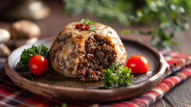 Haggis escoceses tradicionalmente servidos