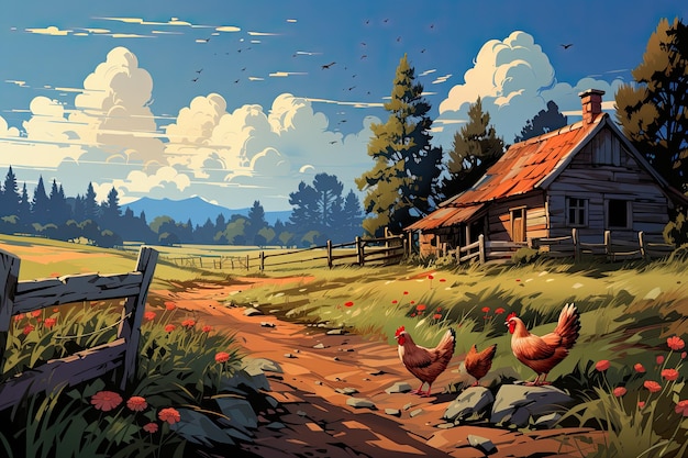 Hahn und Huhn im Dorf auf dem grünen Gras an einem sonnigen Sommertag rustikaler Hintergrund Generative KI