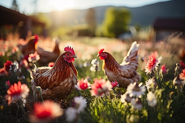 Hahn und Huhn im Dorf auf dem grünen Gras an einem sonnigen Sommertag rustikaler Hintergrund Generative KI