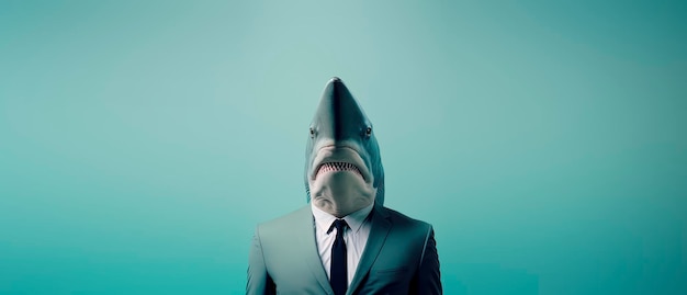 Hai gekleidet in einem formellen Business-Anzug mit pastellfarbenem Hintergrund anthropomorpher Geschäftsmann Generative KI