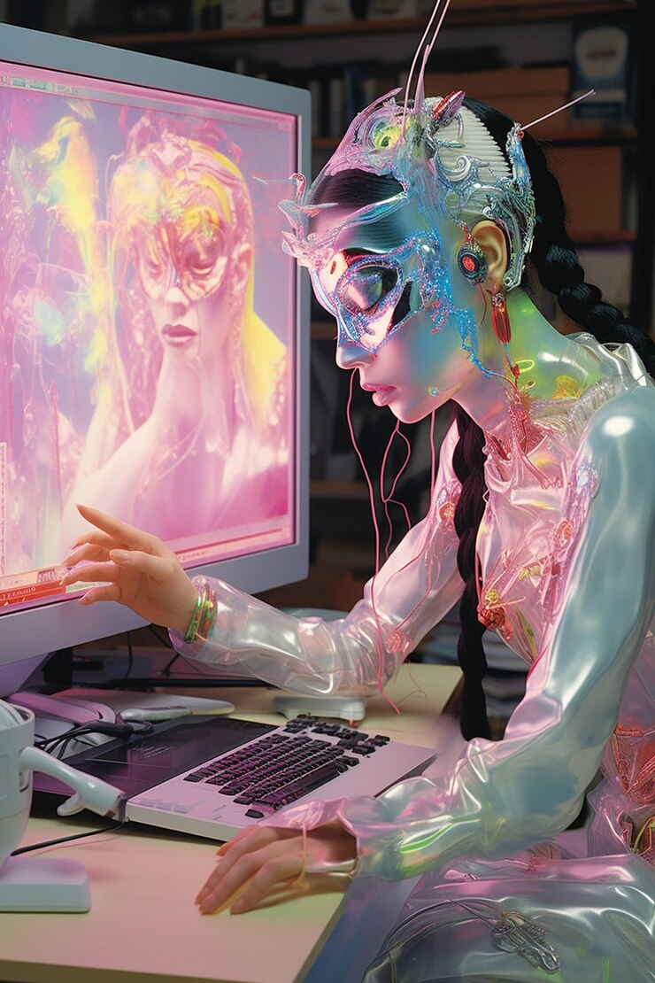 Foto hajime sorayama elf mujer mexicana tecnología psiónica monolito acrílico siendo conectado
