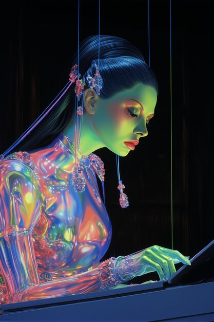 Foto hajime sorayama elf mujer mexicana tecnología psiónica monolito acrílico siendo conectado