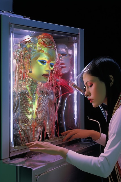 Foto hajime sorayama elf mujer mexicana tecnología psiónica monolito acrílico siendo conectado