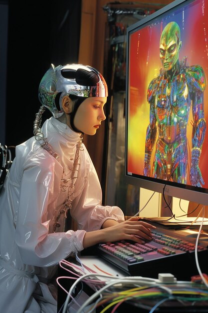 Foto hajime sorayama elf mulher mexicana tecnologia psiônica monólito de acrílico sendo conectado