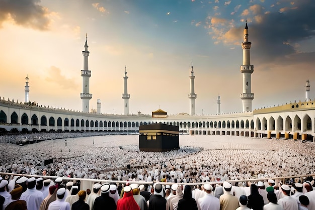 hajj concepto kaaba en makkah con multitud de musulmanes de todo el mundo rezando juntos