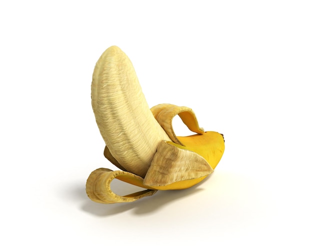 Halb geschälte Banane Offene Banane 3D-Render auf weißem Hintergrund