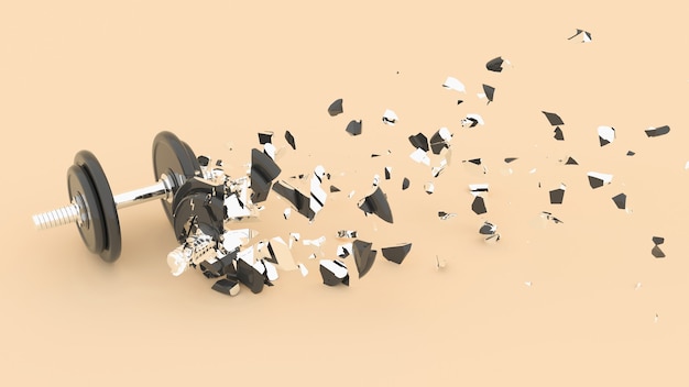 Halb zerstörte Hanteln mit fliegenden Fragmenten, 3D-Illustration