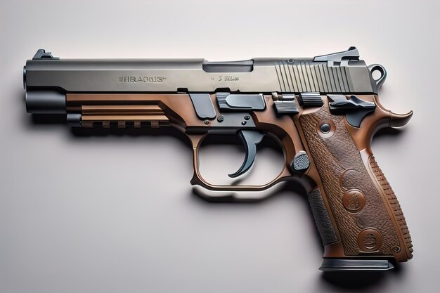 Halbautomatische Handfeuerwaffe auf einem farbenfrohen Hintergrund Closeup ai generative.