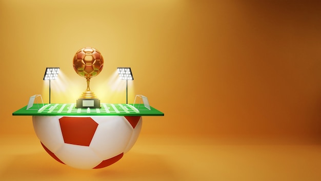 Halbe 3D-Fußballplatzansicht mit Stadionlichtern, Golden Soccer Trophy Cup und Textfreiraum.
