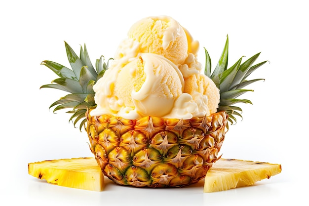 halbe Ananas mit Eiscreme auf dem isolierten weißen Hintergrund
