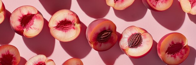 Foto halbgeschnittene nektarinen, die sich im sonnenlicht auf einer pastellroten oberfläche erfrischen