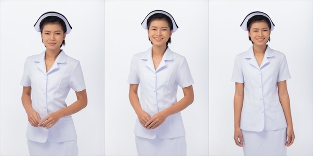 Halbkörper Figur Snap der 20er Jahre asiatische Frau trägt Krankenschwester weiße Uniformhose Rock und Schuhe, weißer Hintergrund isoliert