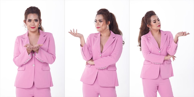 Halbkörperporträt der asiatischen Geschäftsfrau der 20er Jahre trägt rosafarbene Anzug-Blazzer-Schuhe. Transgender mit gebräunter Haut stehen selbstbewusst, fühlen sich glücklich, lächeln für Bürokundentreffen auf weißem Hintergrund isoliert