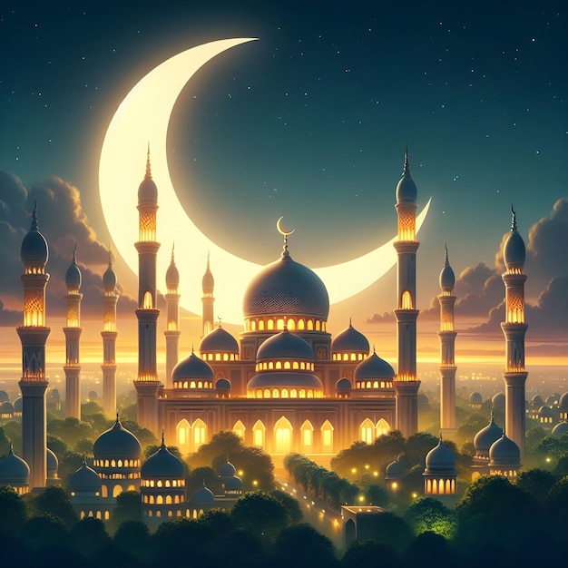 Halbmond mit wunderschöner Moschee am Abend im Hintergrund