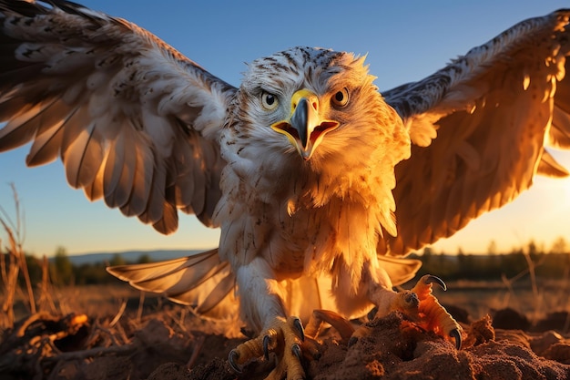 Un halcón desciende para atrapar a su presa en pleno vuelo.