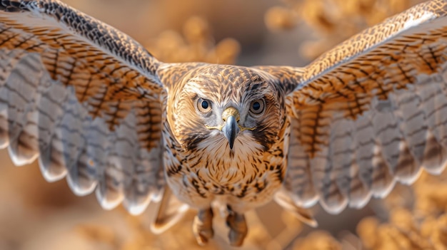 Un halcón del desierto volando por encima de sus ojos agudos buscando movimiento en el suelo de abajo