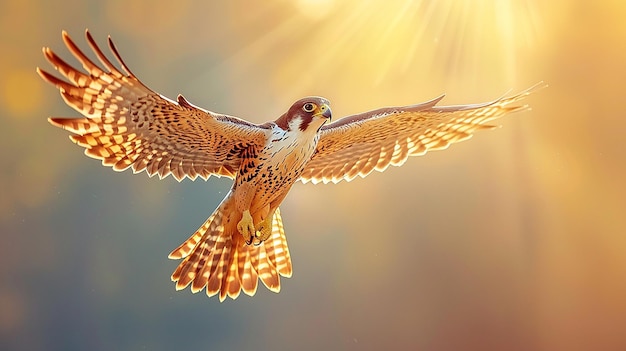 Un halcón extendiendo sus alas volando contra la luz del sol