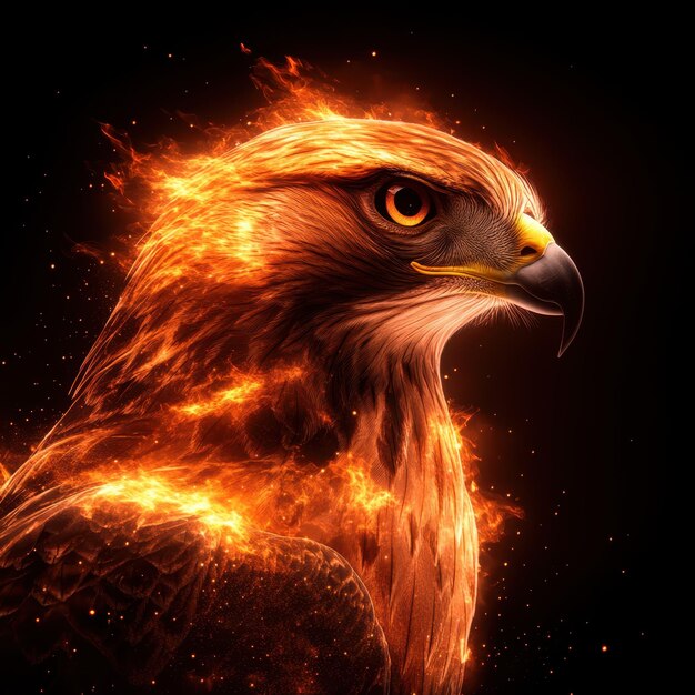 El halcón de llamas radiante con un plumaje ardiente irradia poder y majestad.