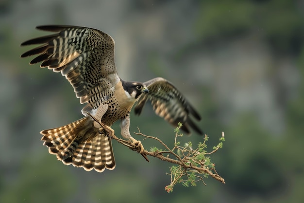 Foto el halcón lleva la rama al nido en vuelo