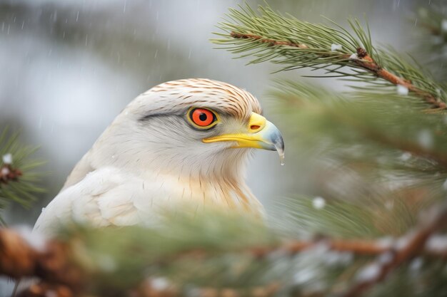El halcón mirando hacia abajo desde la rama del pino