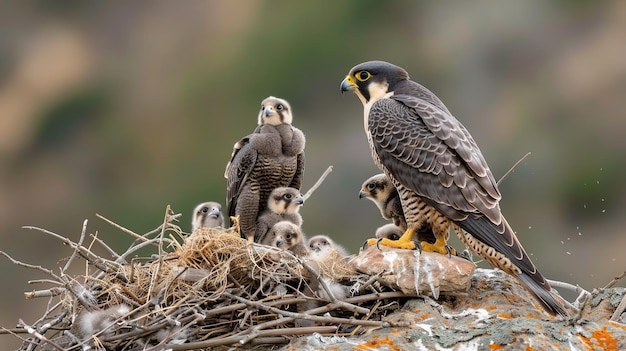 Foto halcón peregrino falco peregrinus hembra adulta alimentando a sus polluelos generativo ai