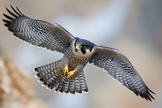 El halcón peregrino en pleno vuelo con las alas extendidas mientras corta sin esfuerzo a través del aire