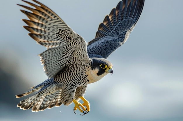 El halcón peregrino en pleno vuelo con las alas extendidas mientras corta sin esfuerzo a través del aire