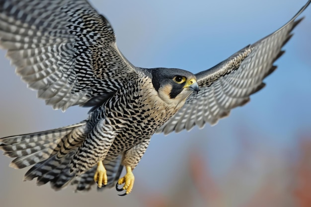 El halcón peregrino en pleno vuelo con las alas extendidas mientras corta sin esfuerzo a través del aire