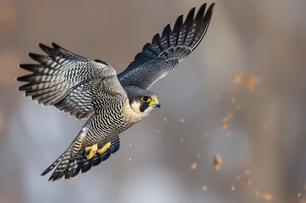 El halcón peregrino en pleno vuelo con las alas extendidas mientras corta sin esfuerzo a través del aire