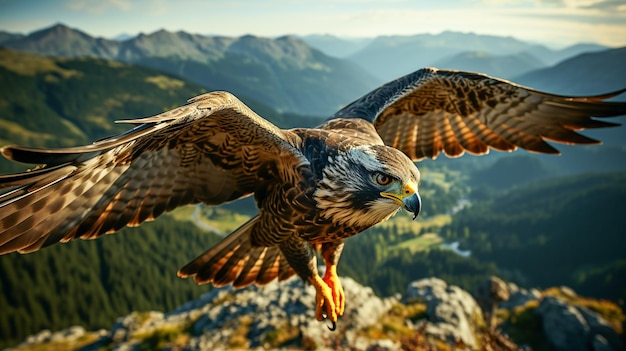 Halcón peregrino volando en el cielo y mirando a la víctima foto realista con resolución 4K generada por IA