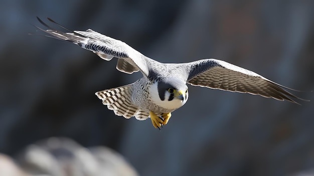 Un halcón peregrino vuela sobre una roca.