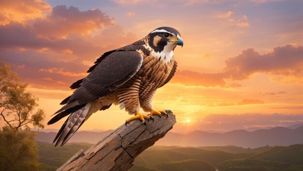 Un halcón solitario volando con gracia contra el telón de fondo de un sereno paisaje natural durante los encantadores tonos de una puesta de sol