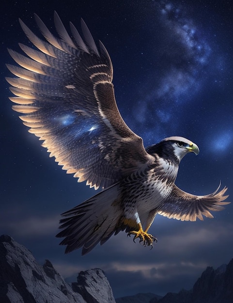 un halcón con sus pies en el aire con un cielo estrellado en el fondo